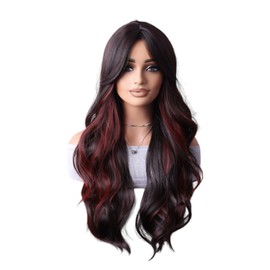 26" Black Brown Red Synthetic Hair Wig with Middle Part Wavy Heat Resistant