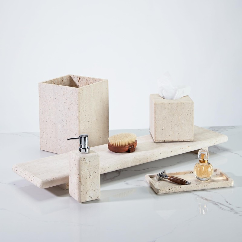 Ivory Travertine Soap Dispenser, Refillable Bathroom Liquid Dispenser with Stainless