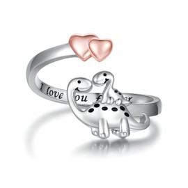 HongZhuan Jewelry Dinosaur Mother Child Ring Adjustable 925 Sterling Silver Cute Dino Jewelry Gifts from Mom Daughter Son for Women Girls, Sterling Silver, No Gemstone
