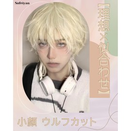 Sofeiyan Men's Short Wig, Ideal for Small Face, Wolf Cut, Wig, Black, Men's Wig, Straight, Full Wig, Natural, Everyday Use, Imechen, Unisex, Heat Resistant, Wig Net Included (Gold)