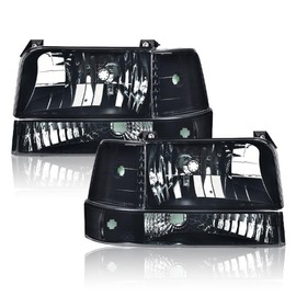 LQI Headlights Assembly w/Corner Signal Lamp & Bumper Lamps Compatible with 1992-1996 Ford F150 Bronco/Fit 1992-1997 Ford F250 F350 Smoke Black