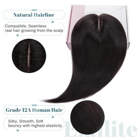 Elailite Clip-In Hair Topper, Women's Toupee Hairpiece, Real Hair, 15 cm, 27 g, Clip-In Extensions Hairpiece, 130% Density, Remy Silk Base, Straight, 6 Inches, #1B Natural Black