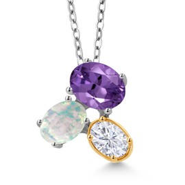 925 Silver and 10K Yellow Gold Purple Amethyst White Opal and White Moissanite Pendant Necklace For Women (2.65 Cttw, Oval 8X6MM, 7X5MM and 6X4MM, Gemstone February Birthstone, with 18 Inch Chain)