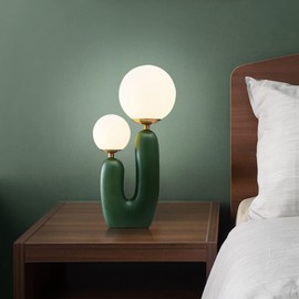 Meefad Modern Bedside Lamp, 2 Lights Table Lamp with Glass Shade, Globe Night Light for Bedroom Reading Nightstand, Green