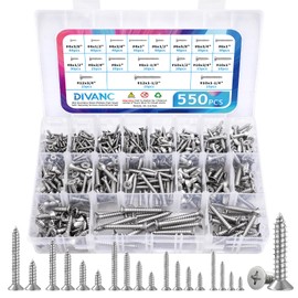 DIVANC 550Pcs 304 Stainless Steel Wood Screws Assortment Kit, Phillips Flat Head Sheet Metal Screw Self Tapping Screws Set, #4#6#8#10#12 Wood Assorted Screws, Length 1/4" to 1-1/2" (Flat Head 550PCS)