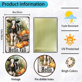 Vintage Fall Pumpkin Cow Autumn Thanksgiving Metal Sign Retro Home Kitchen Coffee Bathroom Office Garden Wall Decor Tin Poster12x8 Inch