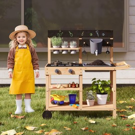 CHEFJOY Mud Kitchen for Kids Outdoor with Wheels, Kids Kitchen Playset w/Removable Sink, Water Box & Faucet, Blackboard, Planting Pots & Accessories, Wooden Outdoor Play Kitchen for Children Ages 3+