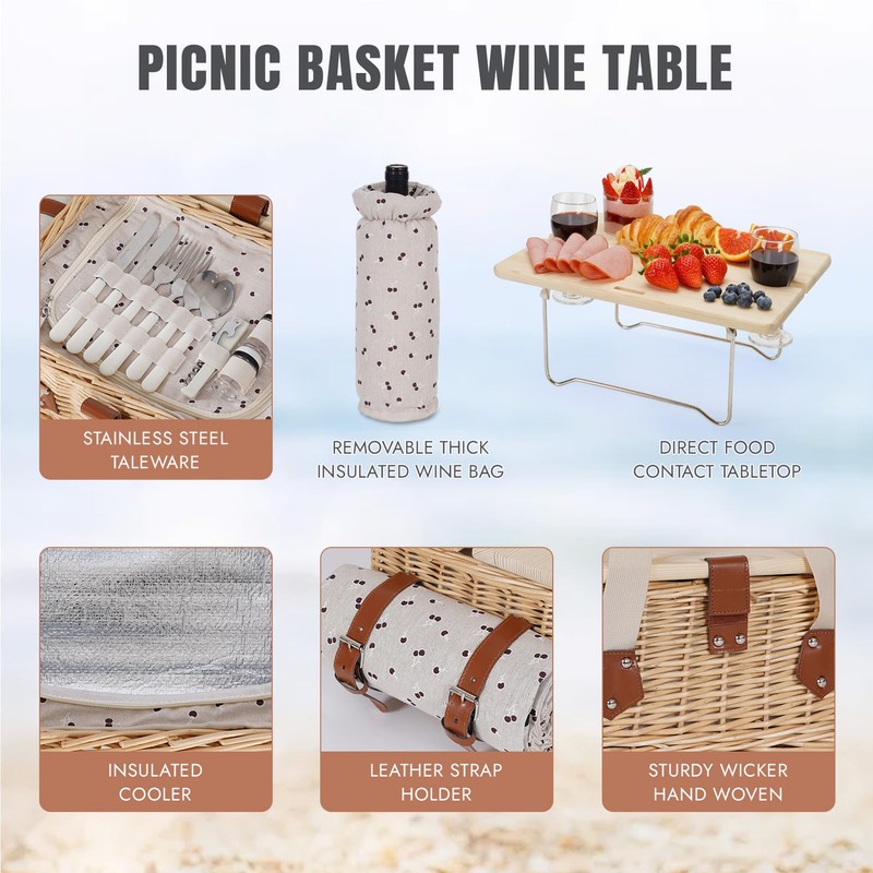 HappyPicnic Picnic Basket for 2, Handmade Wicker Picnic Set with