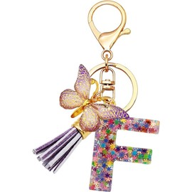 Initial Keyring for Girls Women Pink Purple Snowflake Glitter Crystal Drops Cute Butterflies Decoration School Bag Car Key Bag Pendant Letters, F