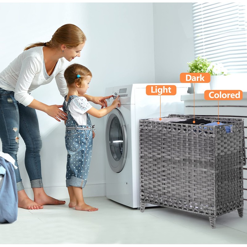 Laundry Hamper with 3 Removable Liner Bags; 132L Handwoven Rattan