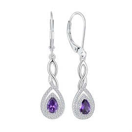 FJ Leverback Dangle Drop Earrings for Women 925 Sterling Silver Amethyst February Birthstone Earrings Infinity Teardrop Jewellery Gifts for Mum Wife Girlfriend Her