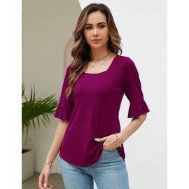 Bashafo 3/4 Length Sleeve Women Tops Spring Blouse 2024 Dressy Casual Square Neck Summer Tunic Purple Red L