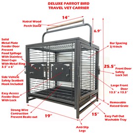 Portable Durable Heavy Duty Travel Veterinary Bird Parrot Carrier Cage Feeding Bowl Play Wooden Stand Perch with Handle Prevent Beaks Out