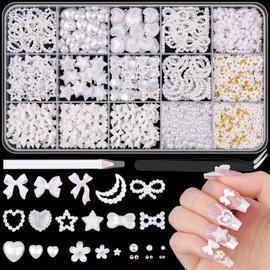 3D Nail Charms for Coquette Nails Design Set 3, White Nail Bows + Assorted Pearl Heart Star Moon Bowknot Cute Nail Jewels + 3D Flower Charms and Nail Pearls, with Picker Tools for Nail Decor