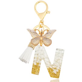 Alluring Girl's Key Ring, Letter Key Ring, Women's Key Ring, Green with Tassel and Butterfly for Wallet, Handbag, Pendant, N, S