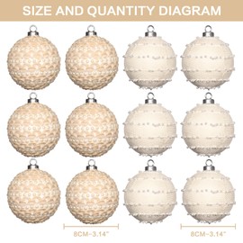 SY Super Bang 12PCS Boho Christmas Ball Ornaments Set, 3.14"/80MM Shatterproof Christmas Tree Hanging Decorations, for Rustic Home Party Indoor Thanksgiving Xmas Decor - White.