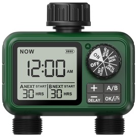 XinFuture Irrigation Computer 2 Outputs, Large LCD Display Watering Timer, Automatic Watering Timer with Rain Delayed/Manual/Tap Timer for Garden