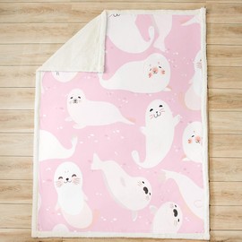 Cartoon Cute Seal Throws Blanket,Kawaii Sea Animal Pink and White Sherpa Blanket for Girls Teens, Kids Ocean Themed Girly Style Microfiber Fleece Blanket Room Decor, Throw Size (50 x 60 Inch)