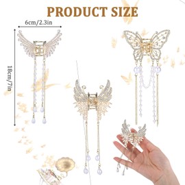 Pack of 3 Butterfly Hair Clips Gold Metal with Fringes and Pearls Butterfly Hair Clip Gold Rhinestone Hair Clip for Women Girls