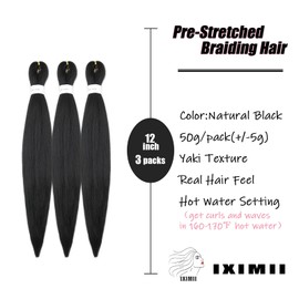 IXIMII #1B Pre Stretched Braiding Hair 12 inch 3 packs Natural Black Braids Hair Straight Prestretched Braids Soft Yaki Texture Synthetic Hair Extensions