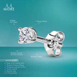 MIORE Jewellery Women's Earrings 925 Silver Stud Earrings with Moissanite 0.60 Ct Prong Setting Silver - 18 Carat Gold-Plated Silver Earrings Men - Earrings Women's Jewellery Hypoallergenic and