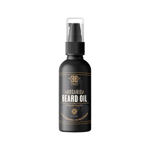 CRIUS COSMETICS Beard Oil For Men with Vitamin E, Almond, Argan, and Jojoba Oil, Enhanced Beard Growth, Soft Facial Hair, Beard and Mustache Moisturiser, Organic, GMP-Certified, Non-GMO, 2 Oz.