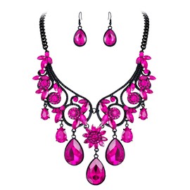 BriLove Women's Tribal Ethnic Crystal Chunky Statement Necklace Dangle Earrings Jewelry Set for Costume Cosplay Party Prom Hot Pink Black-Tone