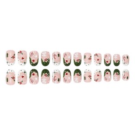 Green Christmas French Tip Press on Nails Short Oval Artificial Acrylic Fake Nails Christmas Crutch Snowflake Design Full Cover Coffin Glossy False Nails Glue on Nails for Women DIY Stick on Nails Set