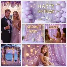 HOLITS Tulle Curtain Backdrop with 300 LED Fairy Lights for Parites Wrinkle-Free Sheer Curtain Drapes Photo Back Drop for Wedding Baby Shower Bridal Shower Birthday Home Décor - 10ft×10ft, Lavender