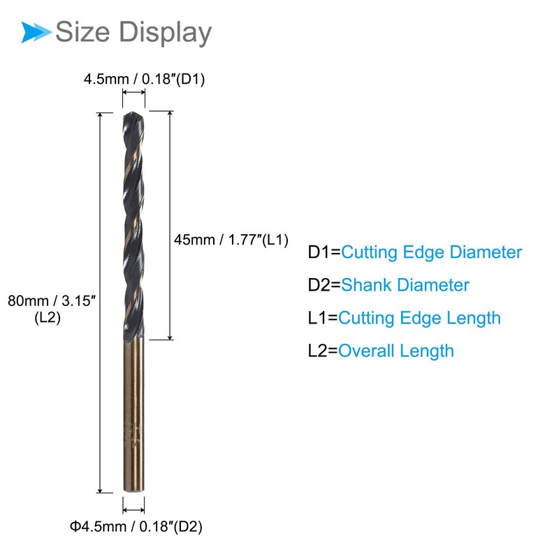 CoCud Twist Drill Bits 4.5mm Cutting Edge Titanium Nitride Coated