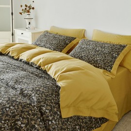 SUSYBAO Mustard Floral Duvet Cover Queen 100% Cotton 3 Pcs Set 1 Vintage Yellow Vine Flower Duvet Cover with Zipper Ties 2 Pillow Shams Farmhouse Decorative Hemmed Bedding Set Soft