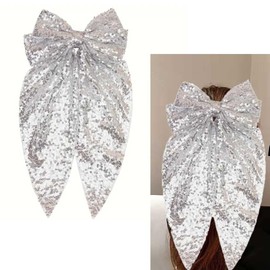 Silver Glitter Bow Hair Clip 8 Inch Sequin Bowknot Hair Clips for Women Girls Large Hair Ribbon Barrettes with Long Tails French Hair Bows Clips Bowknot Hair Accessories