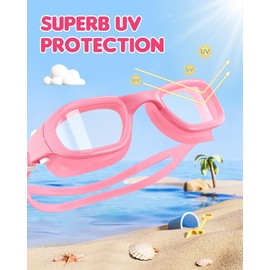 Zeligerstar Kids Swim Goggles,Swimming Goggles for Kids 6-14, Anti-Fog UV Protection Pool Goggles for Boys Girls (Pink+Clear Lens)