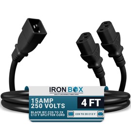 IronBox Electric Black IEC C20 to 2X C13 Y Splitter Cord - 3ft (1ft Legs) - 15A/250V - 14/3 AWG - UL Listed Power Outlet Splitter - Heavy Duty Power Extension Cable for Monitor, Computer & More (4ft)