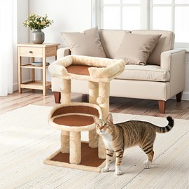 Fansafurn Multi-Level Cat Tree for Indoor Cats, Modern Cat Tower with Double Beds & Scratching Posts, 27in Cat Tree for Large Cats and Kitten, Small Cat Climbing Tower with Hanging Toys, Cream White