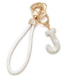 HAISWET Crystal Letter J Initial Key Chain Wristlet Bracelet Keychains Women White Car Key Holder
