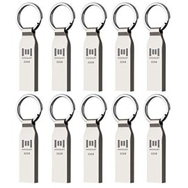 MOSDART - Unidad flash USB 2.0 de 32 GB, impermeable, memoria de metal FAT32 con llavero, para respaldo del sistema, almacenamiento de datos, color plateado (paquete de 10)