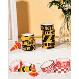 Liobelon 16 Rolls Caution Line Washi Tape Set Construction Washi Tape Construction Print Masking Tape Construction Caution Tape Party Decoration Yellow Caution Tape for Kids Birthday Party Baby Shower