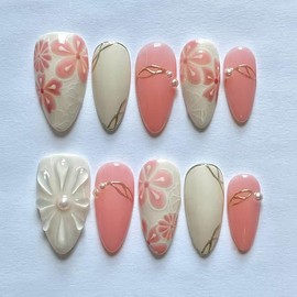 24 Pcs White Pink Press on Nails Short Almond Nail Tips,YEFIUO Acrylic Nail Kit Fake Nails Press ons Glue on Nails Artificial French False Nails Flowers Pearl Gilded Stick on Nail Art Design for Women