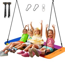 OLAKIDS 700lb 60'' Giant Platform Tree Swing, Adjustable Saucer Swing Seat for Kids and Adults, Rectangle Multi-Color Rainbow Swing Seat with Hanging Straps for Indoor Outdoor Backyard Playground