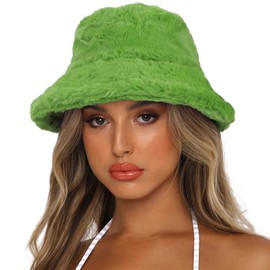 Sydbecs Winter Bucket Hat Fluffy Faux Fur Fisherman Cap for Women Men Solid Color Style(A-Olive Green)