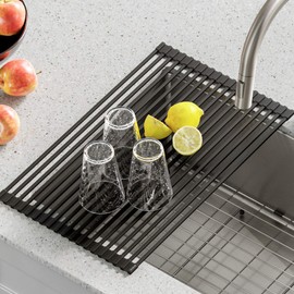Kraus Multipurpose Over-Sink Roll-Up Dish Drying Rack, Colander and Trivet in Light Grey, KRM-10GREY