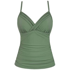 Hilor Supportive Swim Tops Vintage Retro Swimwear Wrap Tankini Bathing Suits for Women Army Green 8