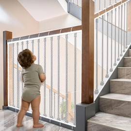 JIFTOK Baby Gate for Stairs, Banister Guard for Kids, Pets, Toys, 2 Sets 21.6 ft L x 2.6 ft H Mesh Netting Safety Net for Balcony Rail Stair, Stairway Net Safety Products for Indoor & Outdoor (White)