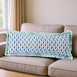 Ridhi Aquamarine Blue 100% Cotton Block Print Ruffle Lumbar Sham Cover Handmade Boho Floral Pillowcase, Farmhouse Cottagecore Bedding, Soft Decorative Cushion Cover for Bedroom Décor 14 x 36 Inch