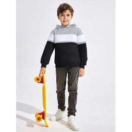 Haloumoning Boys Color Block Pullover Hoodies Kids Fashion Hooded Sweatshirts with Kangaroo Pockets Black