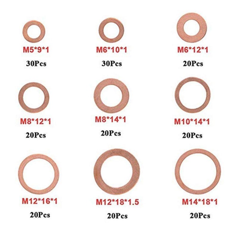 200pcs Copper Washer Assortment Kits Flat Ring Seal Washers 9