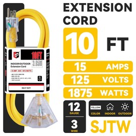 EP 10 Ft 12 Gauge Heavy Duty Extension Cord, 15A 125V 1875W, 3 Outlet Indoor/Outdoor Power Cord with Lighted End, 12/3 SJTW Weatherproof Yellow, UL Listed