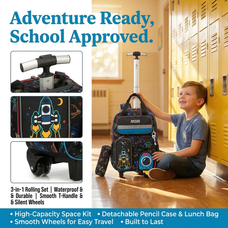 Egchescebo Kids Rolling Backpack for Boys Space Shuttle Luggage with