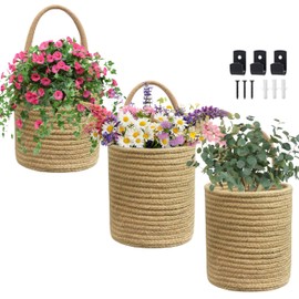 3PCS Hanging Cotton Rope Baskets, Equipped with 3pcs metal black hooks Small Woven Storage Basket, Jute Woven Storage Organizer Flower Plants Basket Set Rustic
